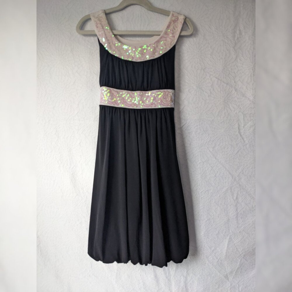 Girls Sleeveless Sequined Babydoll Party Dress Black Scoop Neck Tie Back Size 10
